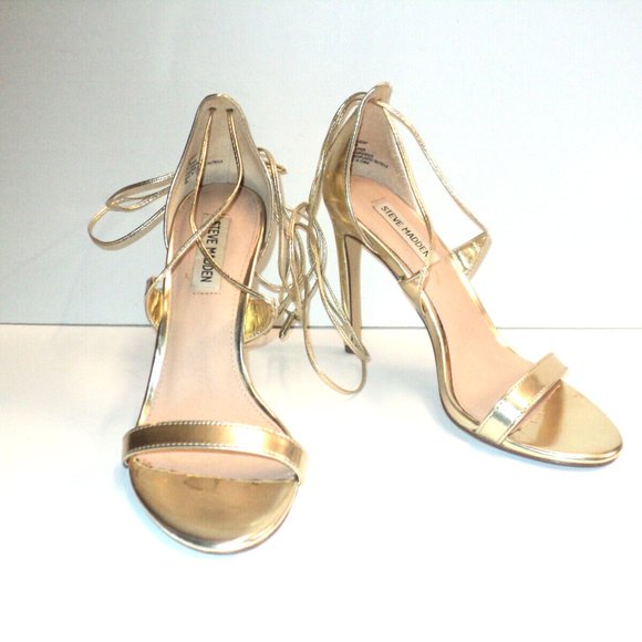 Steve Madden Size 7.5 Gold Sandals Stiletto 4" Heels Presidnt Calf Ties - Picture 2 of 9